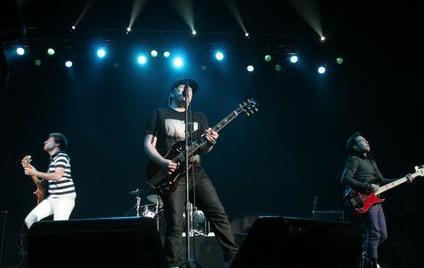 Fall Out Boy performs as a part of the Monumentour concert. The group was touring with Paramore and just released the new single Centuries.
