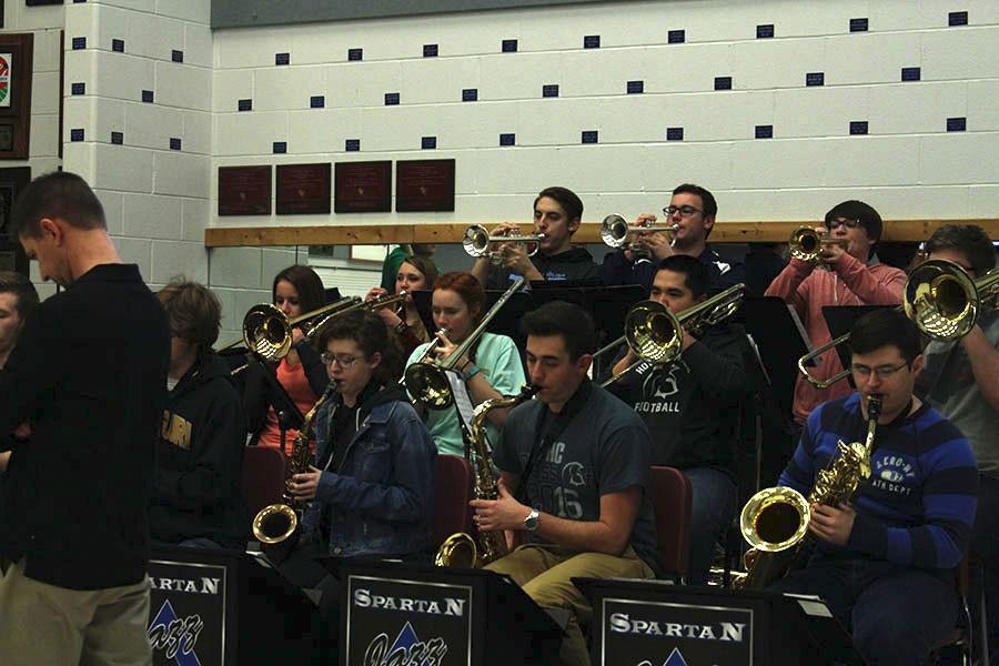 The jazz ensemble performs during a rehearsal performance for students during sixth hour on Jan. 26. The next day, the ensemble would perform at the Missouri Music Educators Association Conference. 