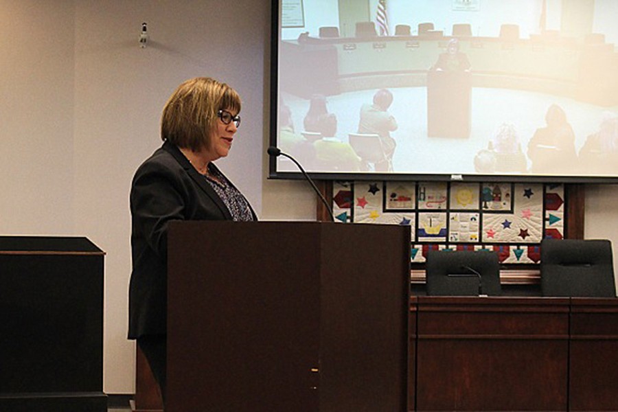 Dr. Mary Hendricks-Harris addresses the crowd shortly after being named FHSD superintendent. Dr. Hendricks-Harris will succeed Dr. Pam Sloan, effective July 1. Dr. Hendricks-Harris was named after a months long search that began after Dr. Sloan announced her retirement in October 2015.