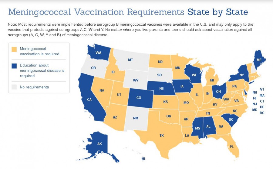Twenty eight of the 50 states require the meningococcal vaccine. Missouri will begin enforcing this law in schools during the 2016-2017 school year.