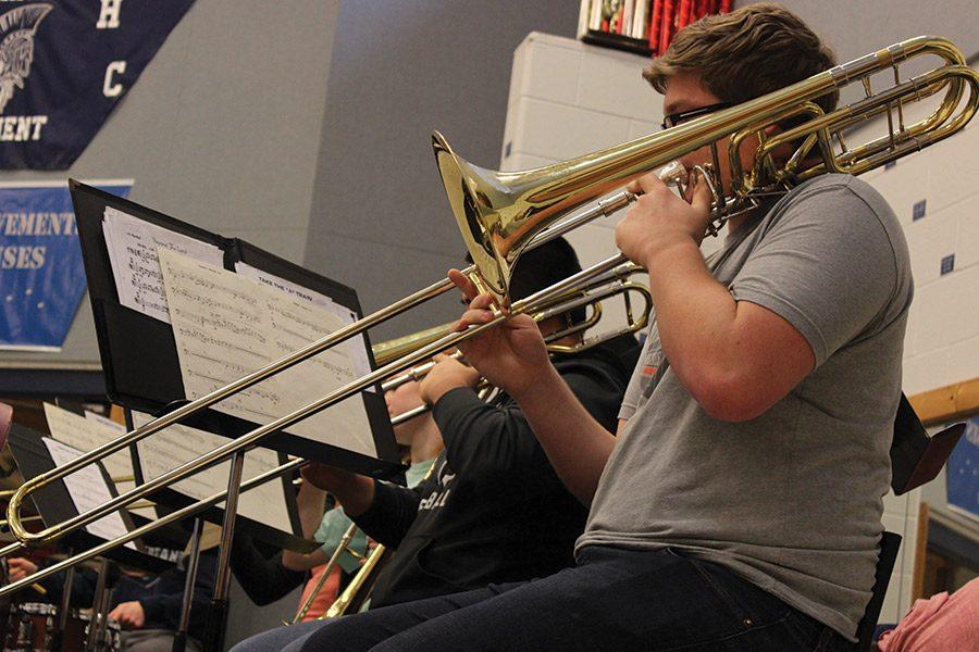 Senior Alan Meister plays bass trombone in the FHC Spartan Jazz Ensemble