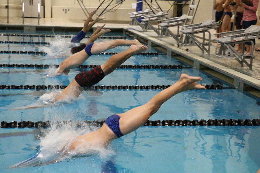 Varsity boys swim meet at the RecPlex, jumping into the pool to start the race.