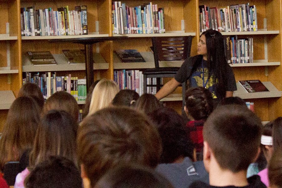 Sabaa Tahir speaks to a group of English students in the Learning Commons.  Tahir visited our school to promote the second book in her series which gained a spot on the New York Times Best-sellers List.