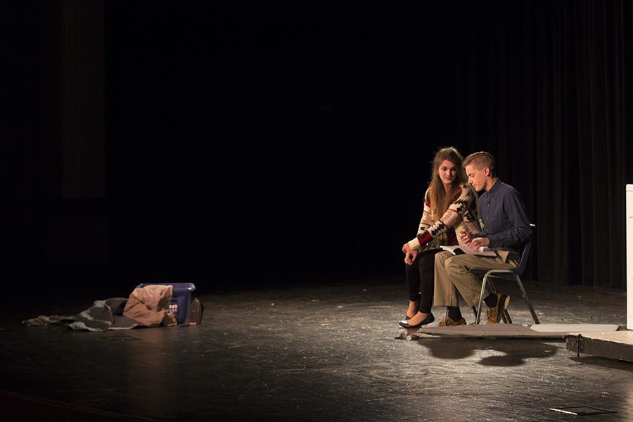 Senior Laura Weiss and junior Abram Cutshall perform their scene on VIP night of Almost, Maine. Their scene depicts Cutshall not being able to feel pain and Weiss as constantly feeling pain. 