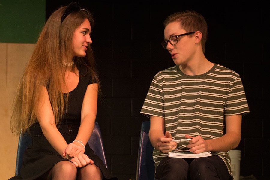 Laura Weiss (Senior) and Abram Cutshall (Junior) rehearsing their scene as Marvalyn and Steve in the theater. 