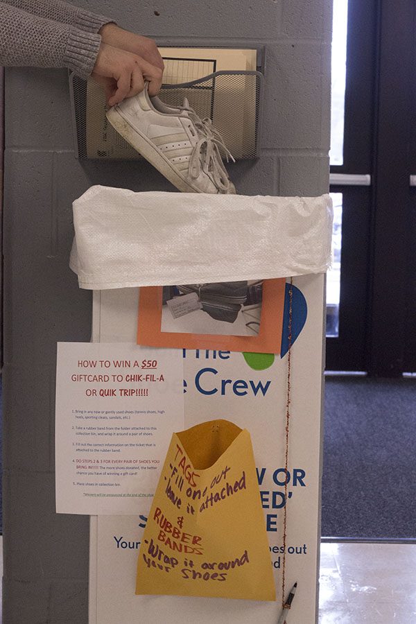 Central Outreach collects shoes for the Shoeman Water Project the first two weeks of April 2017. Boxes can be found outside the main student parking lot entrance, and outside the Activities Directors Office. 