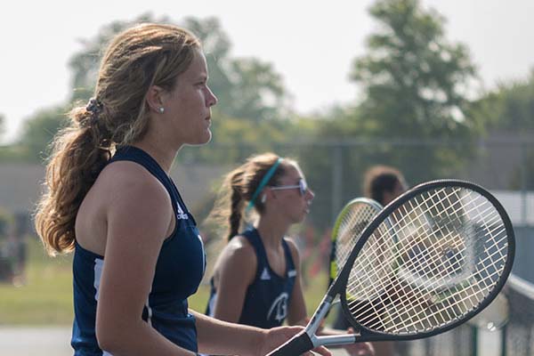 Sophomore Makenzie Jonesand junior Tori Ikeda compete in doubles matches against FZS.
The team overall went on to win the match. 