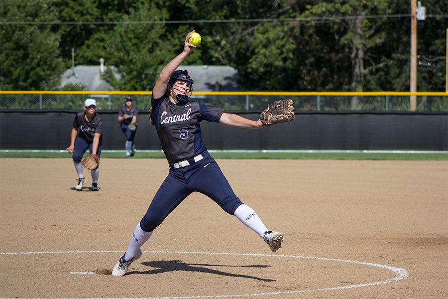 Pitcher Alyssa Kolkmeyer, junior, lobs a fastball to a FZW batter at their last districts game. The team played to their max, but wasnt able to overcome FZWs equally powerful skill.