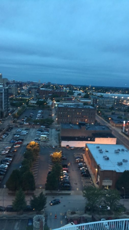 The view from the top of the City Museum. The sky was a filled with clouds and showers.