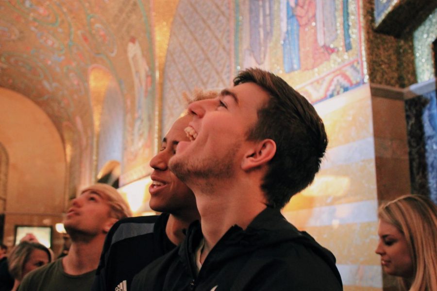 Austin McKinley and friends look at the intricate details of the mosaic ceiling. Each aspect of the St. Louis Cathedral Basilica left Mrs. MCcunes AP Art History students amazed.
