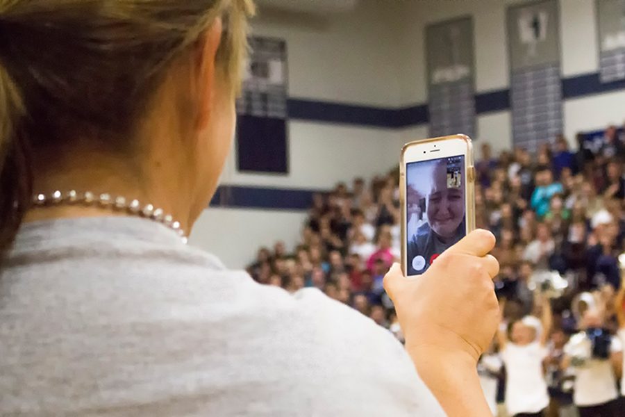 At a pep rally earlier in the year, Mrs. Fetsch face-timed with Ms. Siren.  At this point Mrs. Fetsch was still in the hospital being treated for leukemia which can be helped by bone marrow transplants.
