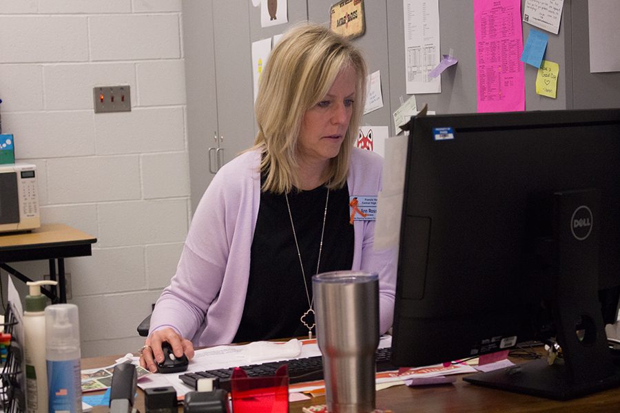 Mrs. Ross sits at her computer and works. Her efforts dont go unnoticed by her students