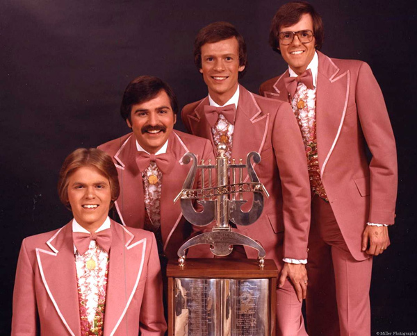 Bluegrass Student Union after their championship moment in 1978. (From left to Right) Ken Hatton (lead), Allen Hatton (tenor), Dan Burgess (baritone), Rick Staab (bass). The quartet remains one of the most listened to quartets by barbershoppers today.