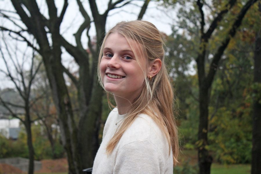 Inge petrie, from the Netherlands, smiles widely as she takes in the new Missouri culture. One of her favorite things about this experience has been meeting all of the  people at Francis Howell Central. 