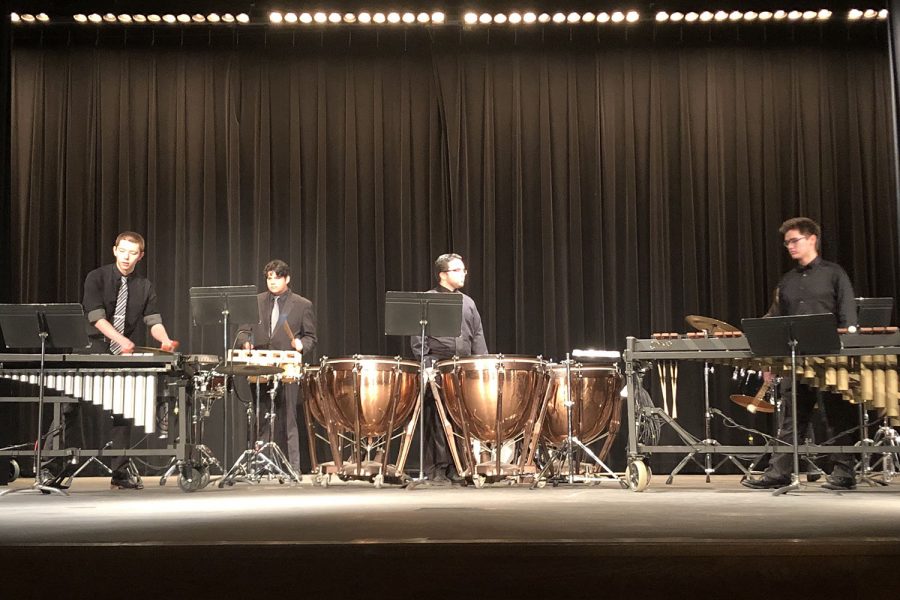 PERCUSSION: The last wind ensemble group to perform was a percussion feature. The members of this group are Chris Bissett, Sam Bippen, Connor Banden, Alex LaBanca, and Emma Smallen.  