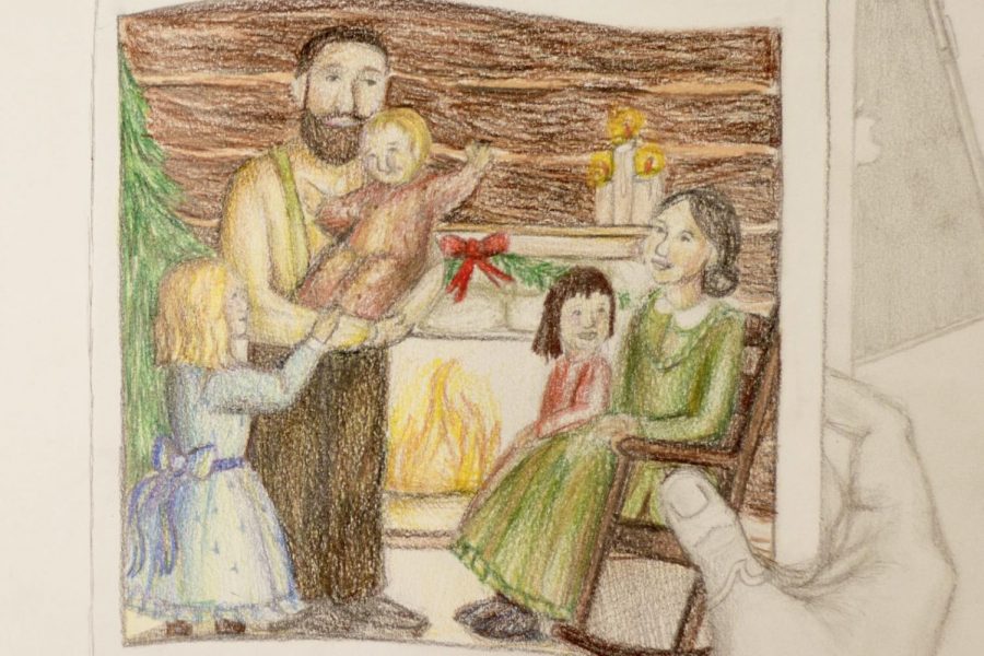 In this illustration inspired by Little House on the Prairie Christmases, a family enjoys Christmas by spending time with one another by the fireplace.