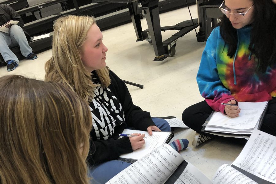 Fifth hour choir students, always hard working, look at sheet music while Mrs. Baird is away. Freshmen Dakota Lankford, Avah Pauk, and Jeslyn Bryan review papers even with a substitute; attesting to the choir work ethic.