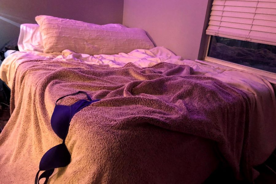 Carelessly Covered: Covers are haphazardly strewn across a bed, with undergarments laying messily across it. Adolescents' relationship with sex can be a messy one but with careful thought and reflection, teenagers can form a healthy relationship with sex.