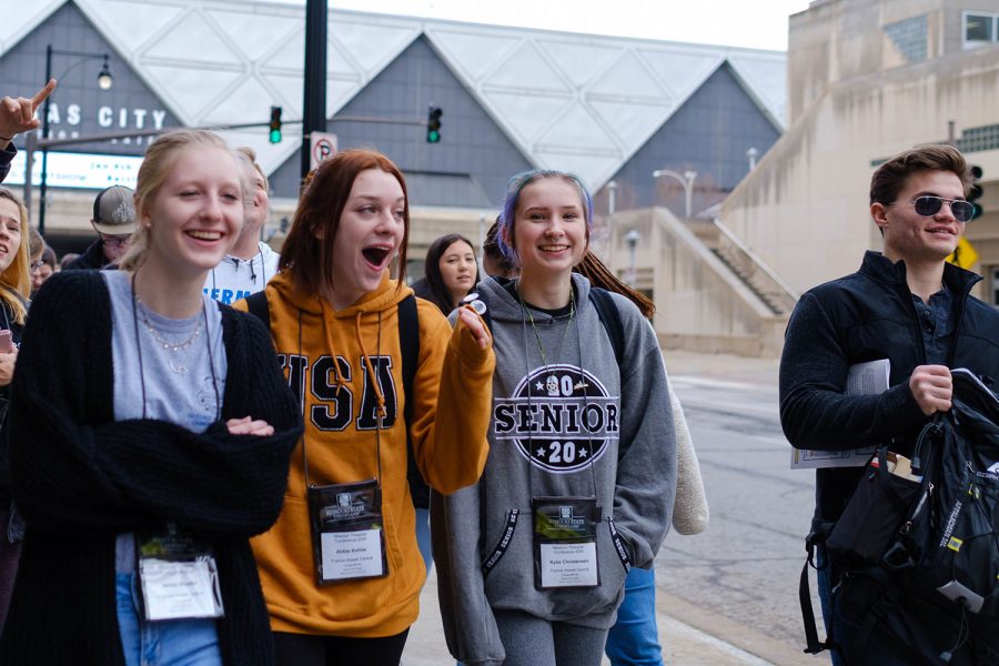 Jenna Woelfel, Abbie Kohler, Kylie Christensen, and Sam Cole walk the streets of Kansas City between workshops. They participated in fun theatre-based activities with fellow thespians across the state.