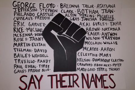 A poster with names of Black people killed by the police and a Black power fist, captioned “say their names.” Signs such as this have been used at protests to express dissatisfaction with police brutality and systemic racism in the justice system.
