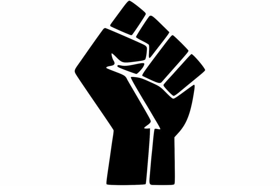 A black fist is held up, representing the Black Lives Matter Movement. Since its founding, the fist has been one of its symbols.