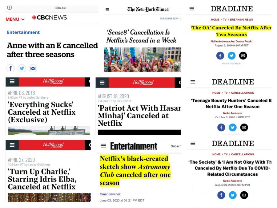 Headlines from newsources Deadline, CBC, Entertainment Weekly, and The Hollywood Reporter show a small portion of the amount of diverse shows Netflix has canceled.