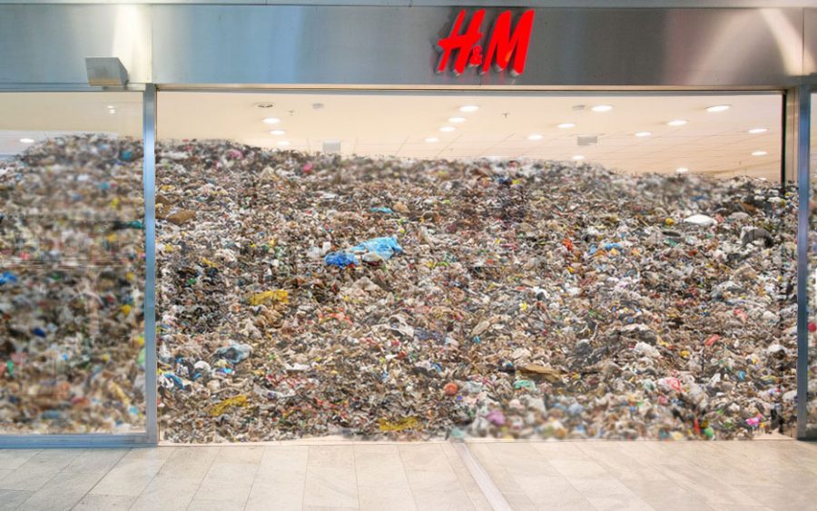 The storefront of H&M is filled to the brim with trash. As people contribute to largely fast fashion businesses they are equally contributing to the build up of waste in the world.