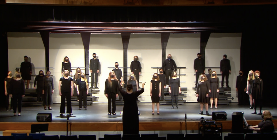 In order to keep choir members and spectators healthy, singers were spaced out and the amount of viewers was limited to two per student. These safety precautions allowed the choir to finally show off the skills they have been building this semester. Photo courtesy OF FHC Choir