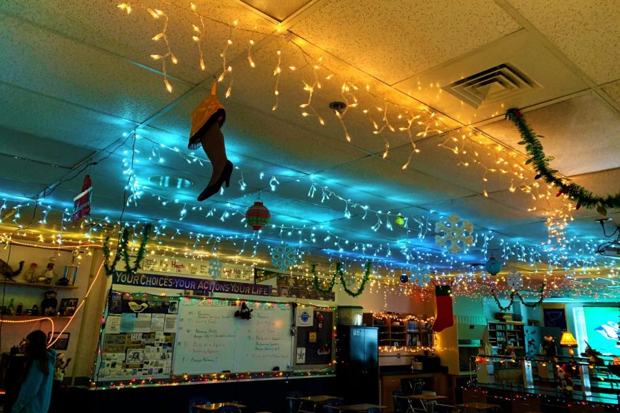 Garlands, lights, and baubles occupy the ceiling of science teacher Mr. Scott Thorpes room.