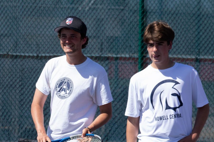 Doubles partners Tanner Jones and Konnor Eslinger smile as their match comes to an end.