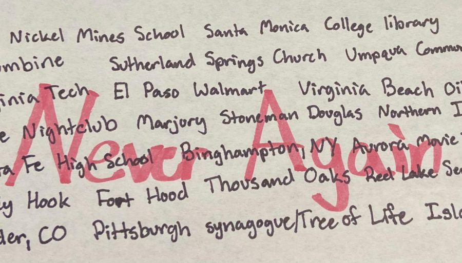 The phrase "Never Again", a phrase which became the rallying cry for the anti-gun violence movement, is covered up by the names of places that have had mass shootings in the past few decades. The majority of these shootings have happened in the past two decades alone. With new gun control regulations in place, the frequency of shootings like these may begin to decrease, allowing American citizens to no longer have to live in fear.