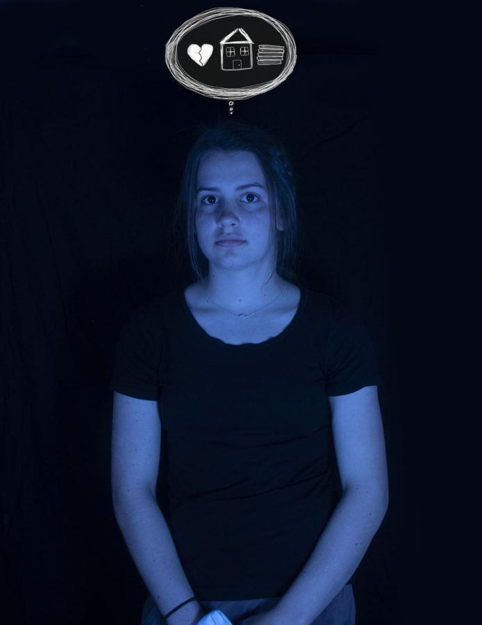 A teenage girl basked in blue light stands with a stoic expression cast onto her face. Above her, a thought bubble floats; it encompasses the causes of her mental distress: relationship and communication issues, home troubles and overwhelming school work. All are example of potential factors that affect mental health. 