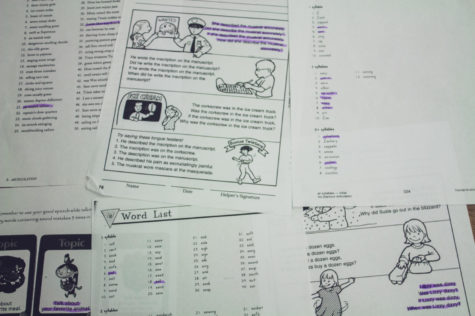 Examples of worksheets lay scattered with various words and phrases highlighted among each of them. These are all examples of worksheets given to speech therapy students to help them correct improper pronounciations.