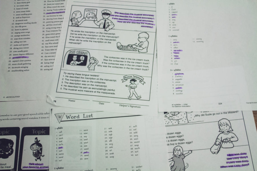 Examples+of+worksheets+lay+scattered+with+various+words+and+phrases+highlighted+among+each+of+them.+These+are+all+examples+of+worksheets+given+to+speech+therapy+students+to+help+them+correct+improper+pronounciations.