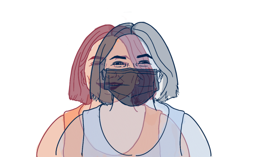 An illustration of a student wearing a mask and not wearing a mask overlaps each other. As students transition to not wearing masks, there is an added challenge of recognizing faces because last year only their eyes were visible. 