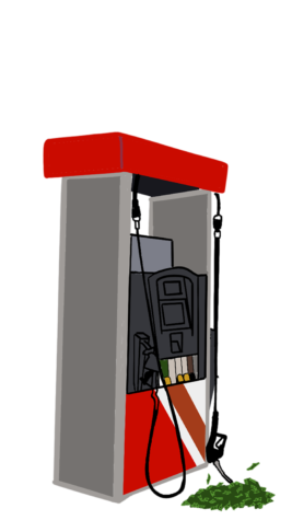A gas pump is depicted leaking money. The extremely high gas prices mean students are having the spend more than they are able to on gas money each week.