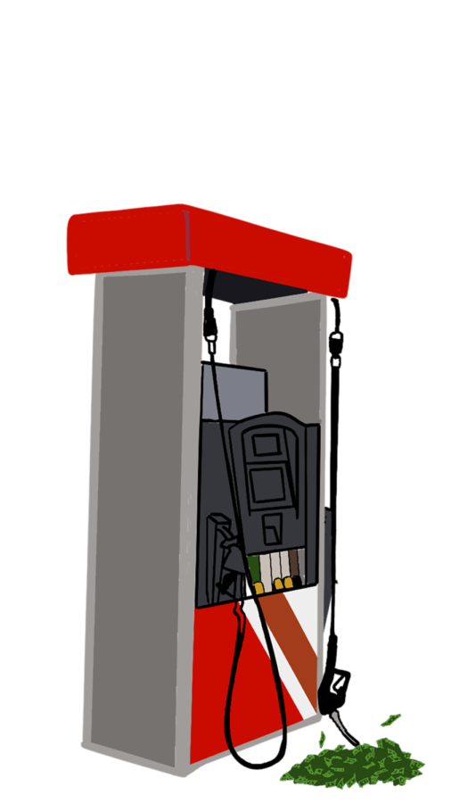 A gas pump is depicted leaking money. The extremely high gas prices mean students are having the spend more than they are able to on gas money each week.