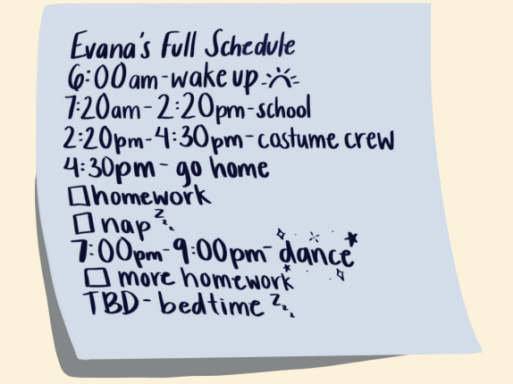 Junior Evana Vrhovac and senior Sophia Lawson’s daily schedules are written out on paper. Both students dedicate several hours a day to dance in the forms of classes, rehearsals and stretching. During periods when there is a show they are preparing for, their schedules only get more hectic. 