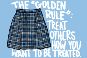 A Catholic, private school uniform drawn next to “The Golden Rule” of the church.