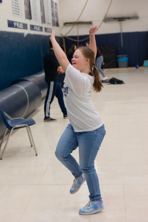 DANCING TO HER OWN BEAT: Ella Hellebusch showing off her moves during Adaptive PE. Hellebusch loves performative arts such as singing, dance, and especially cheer.