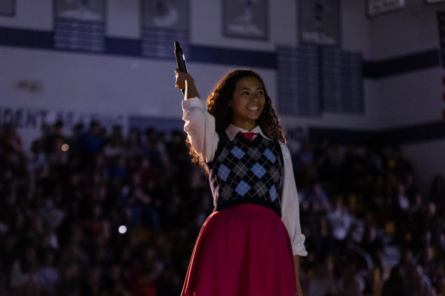 Junior Aniya Sparrow giving a performance from the spring musical.	
