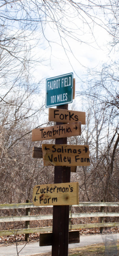 A whimsical sign points to various
fictional locations. The places written on the sign are changed by its owners periodically, usually to reference famous book settings.
