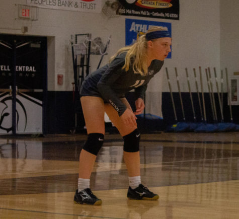 Sophomore Cassie Durbin stays focused for a serve from Timberland.