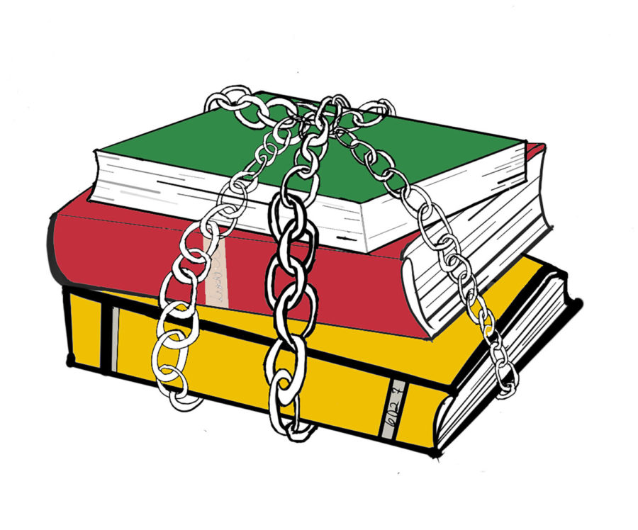 Banned Books being chained up represent the restricted literary freedom of students.
