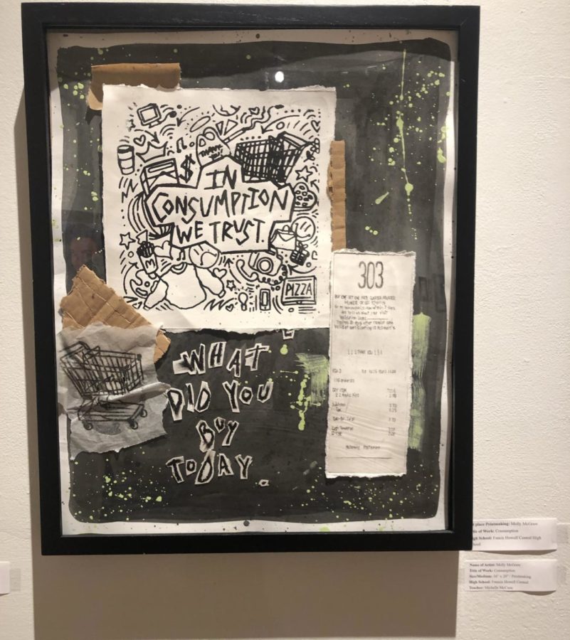 A printmaking design called Consumption. This piece was entered into the Lindenwood art show, and won 1st place! Illustration by Molly McGraw.