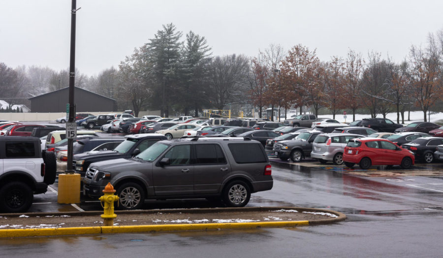 The student parking lots sit full on the morning of Nov. 15th, the day of the school years first snow. When it comes to driving in clod, wet weather, two of the schools teachers who are certified to teach Drivers Education cautioned students to drive more defensively and to give themselves more time to get to their destinations. 