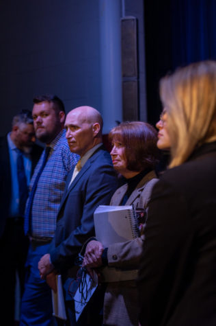 District Board of Education Candidates standing together in a line in the Francis Howell Central Auditorium at the Candidate Forum on Wednesday, March 29.