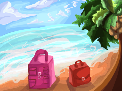 Two suitcases sit on the beach sands of California, the suitcases in front of a beautiful ocean alongside a healthy palm tree. Illustration by Moth Payne.