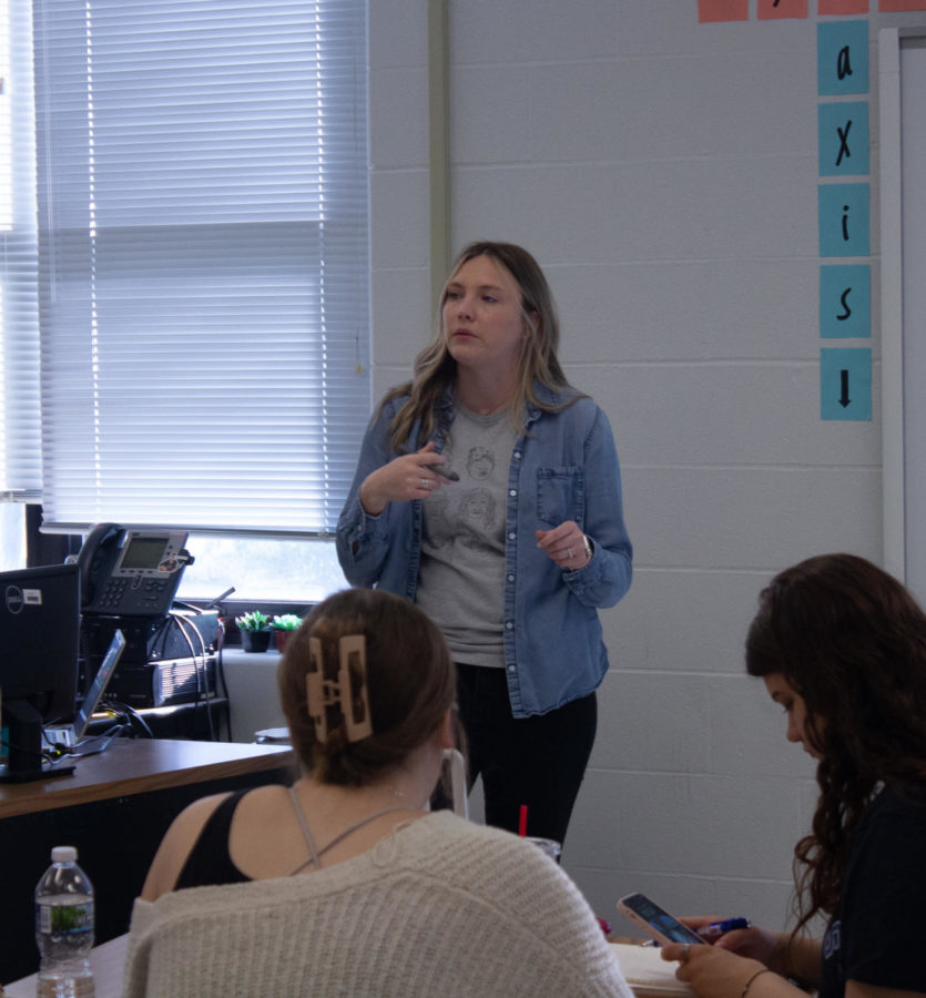 Mrs. Williams teaching a math lesson on the board. 