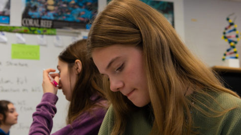Senior Kara Middleton studies her notes in science class. She committed to Aurora University early last year.